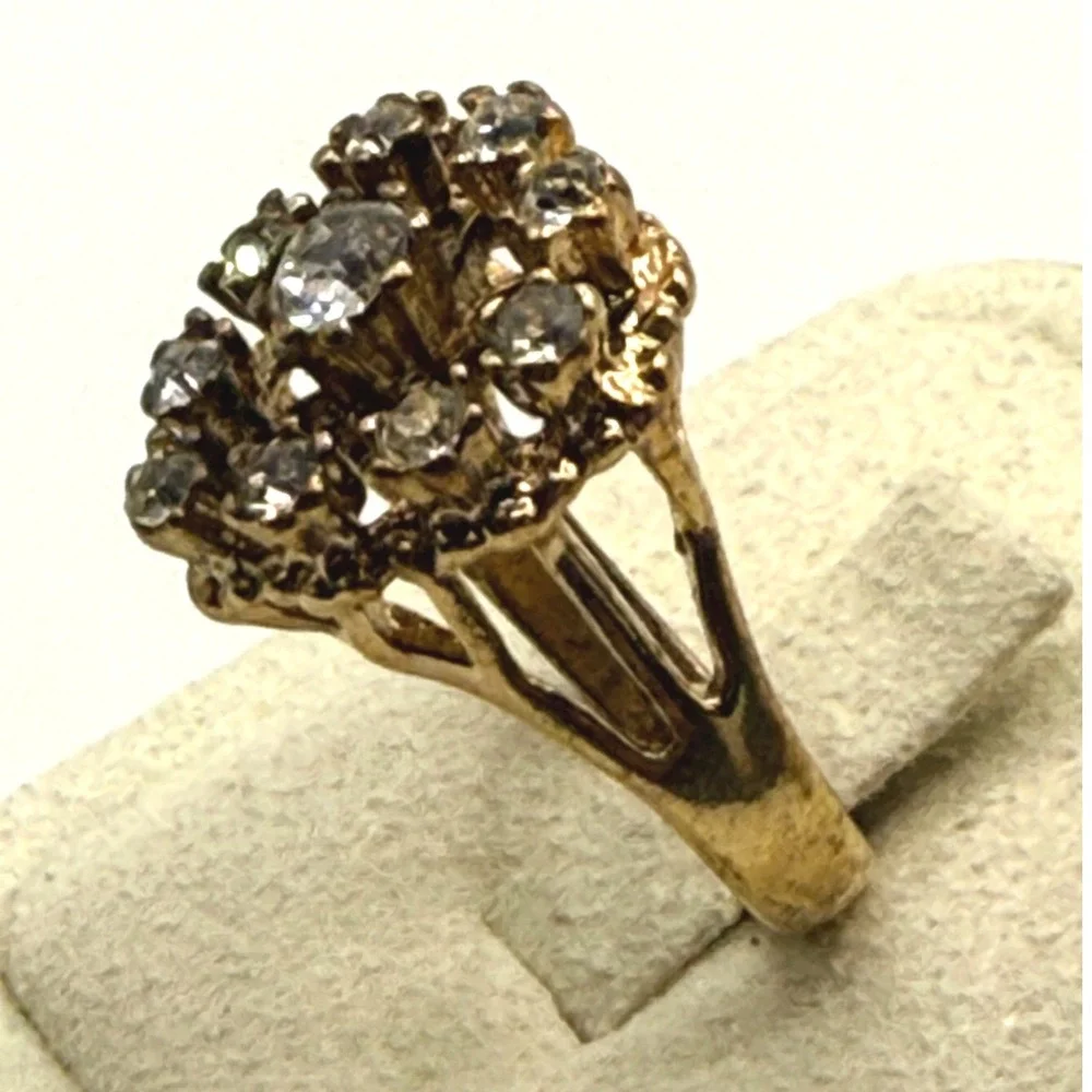 Vintage UNCA 14KT GE Gold Electroplated Crystal Floral Cluster Ring Size 5.75